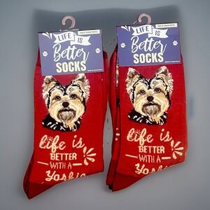 E&S Pets Life Is Better With a Yorkie Crew Socks Burgundy NWT One Size Unisex